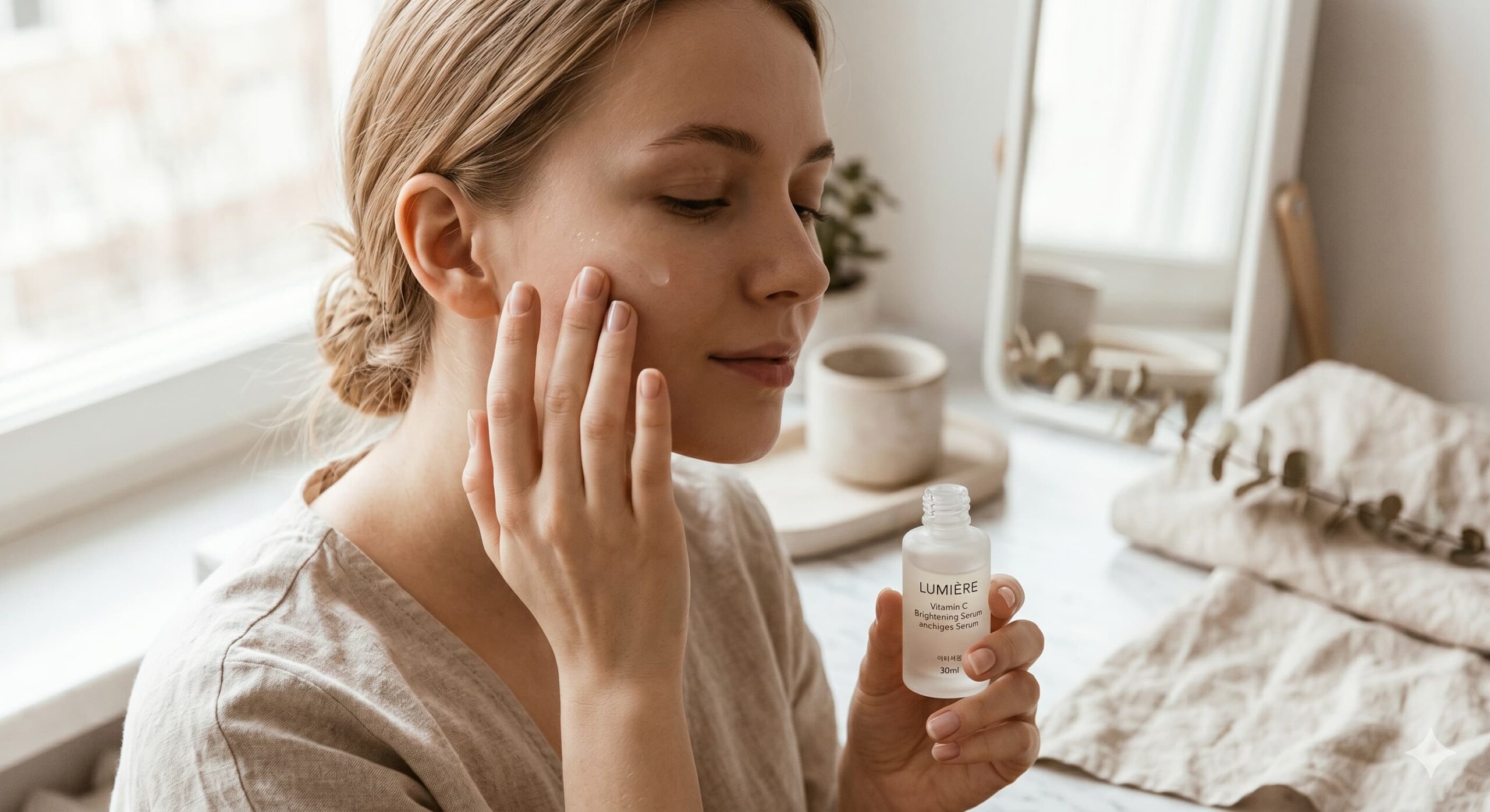 Frau trägt sanft eine leichte K-Beauty Essence auf die Wangenknochen auf