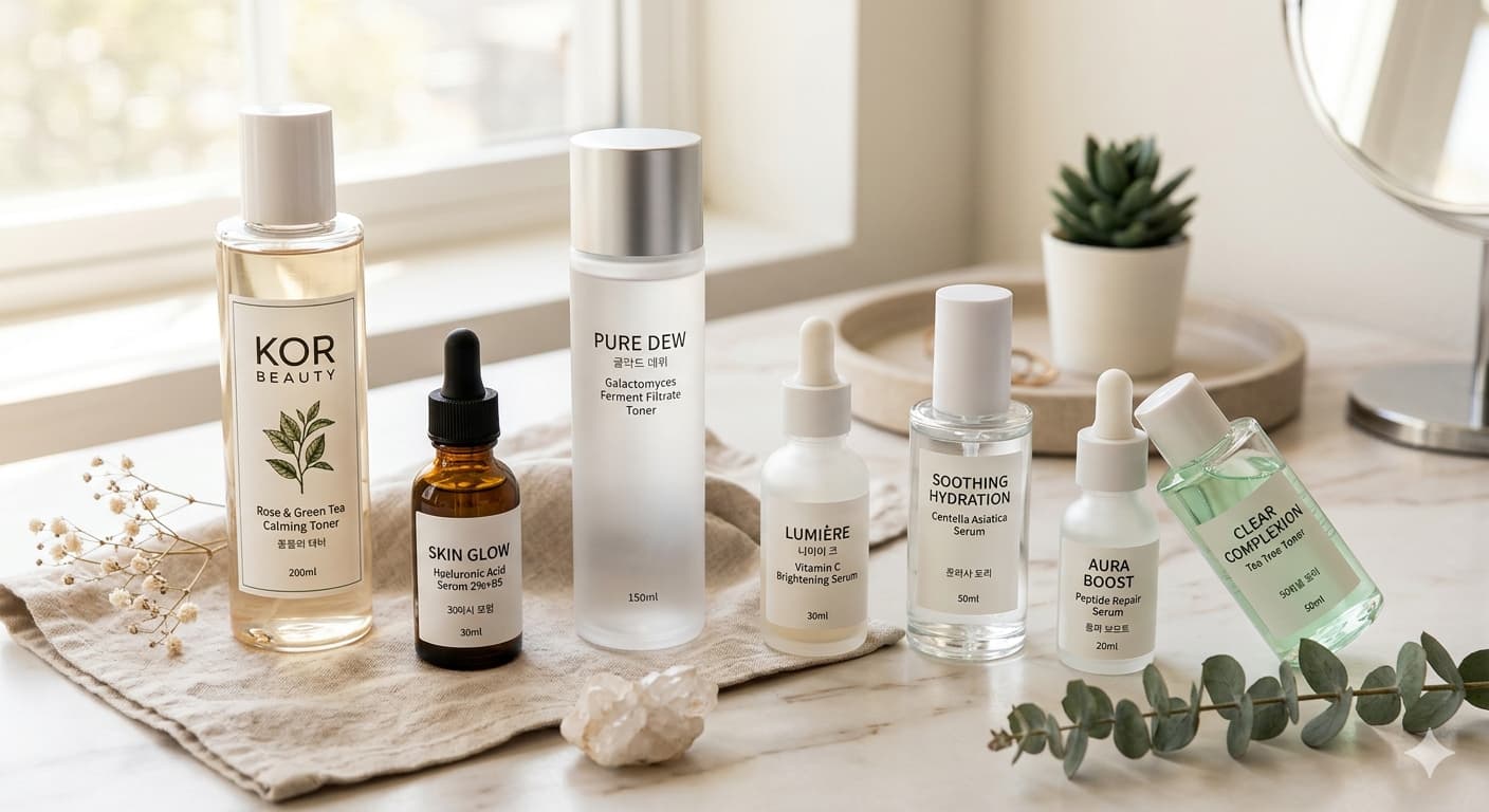 Verschiedene koreanische Hautpflegeprodukte wie Toner und Serums ästhetisch arrangiert